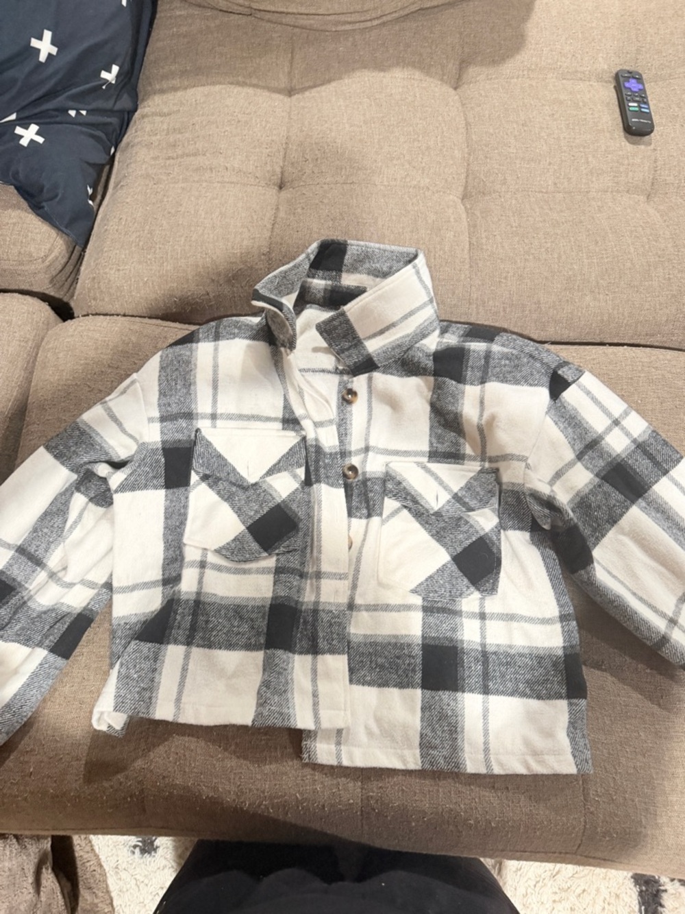 Cropped Black & White Plaid Button-Up Shacket